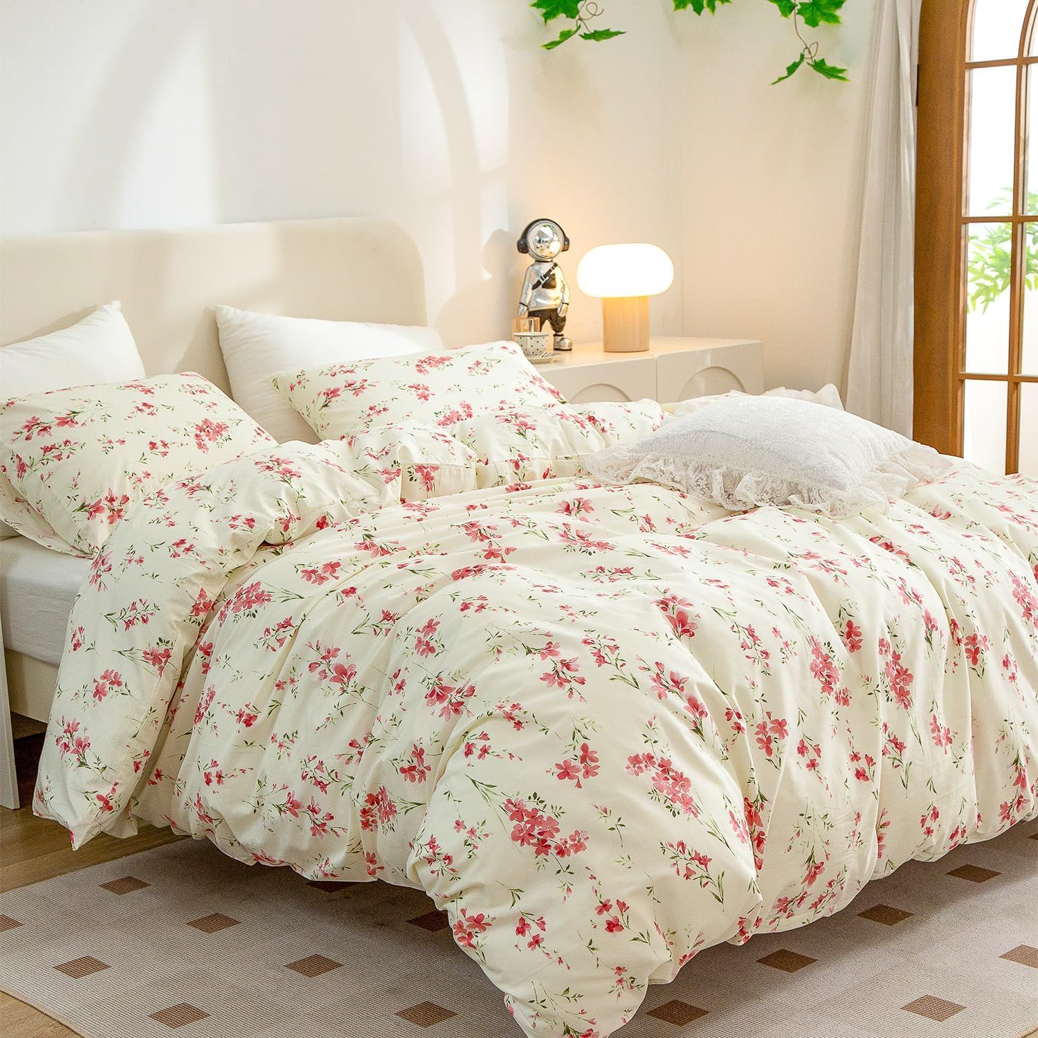 Freyamy - Funda de edredón de 240 x 260 + 2 fundas de almohada de 65 x 65 cm, color beige rosa y verde hojas florales, juego de funda nórdica de microfibra con cremallera