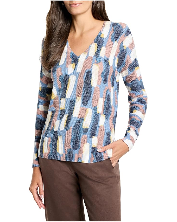 NIC+ZOE Brushstrokes Waffle V-neck Sweater - Main View