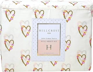 Hillcrest Full Size Kids Girls Bedding 4 Piece 100% Cotton Sateen Sheet Set Hearts and Flowers Gold Blush Pink White