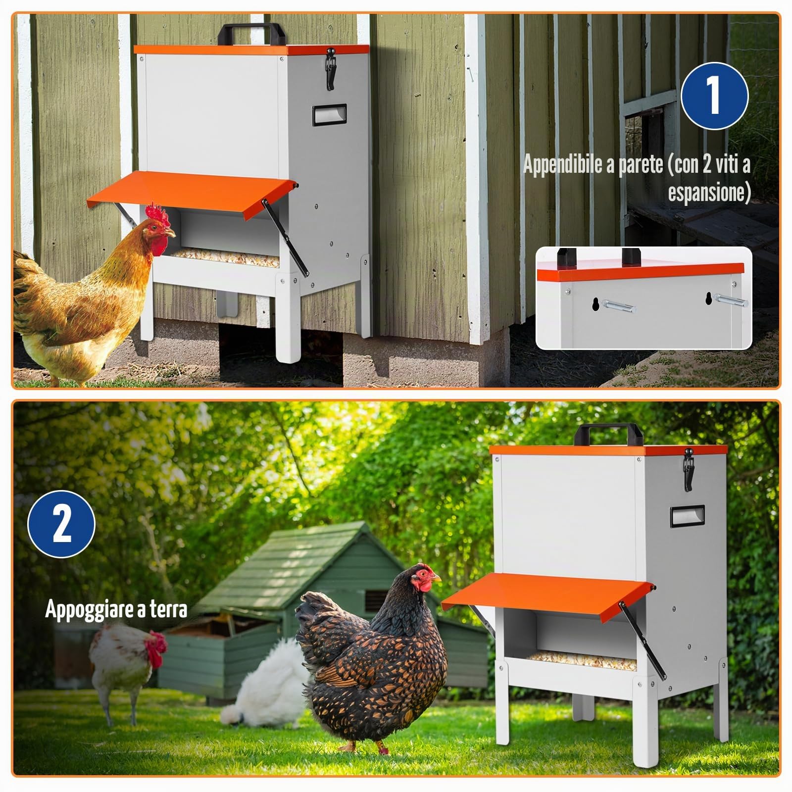 Mangiatoie Automatiche per Polli, Mangiatoie Metalliche per Pollame Nessuno Spreco Grandi Mangiatoie Sospese con Coperchio per Polli, Anatre, Oche, Piccioni, Cani, 50 Libbre di Mangime per Polli