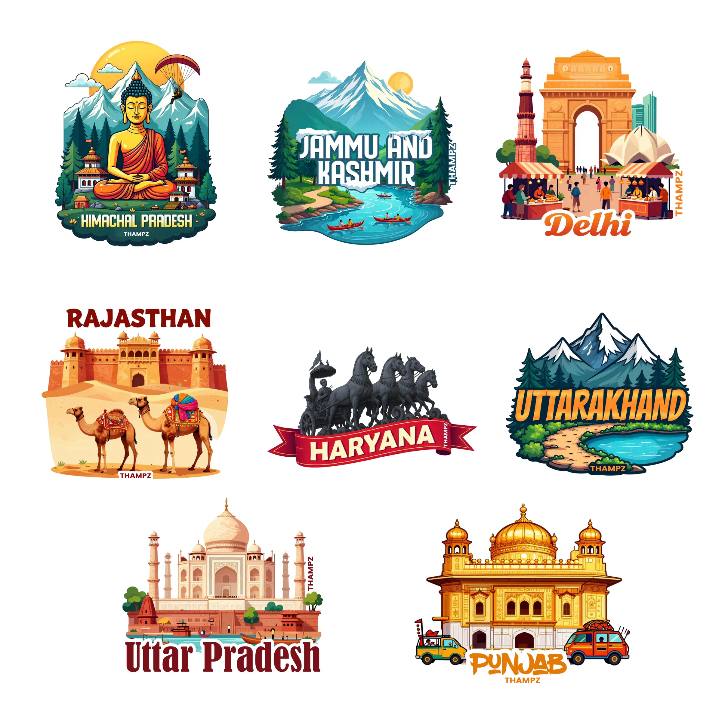 North India States 3D Embossed 3D Embossed Vinyl Stickers – Premium Die Cut Travel Collection (Set of 8)