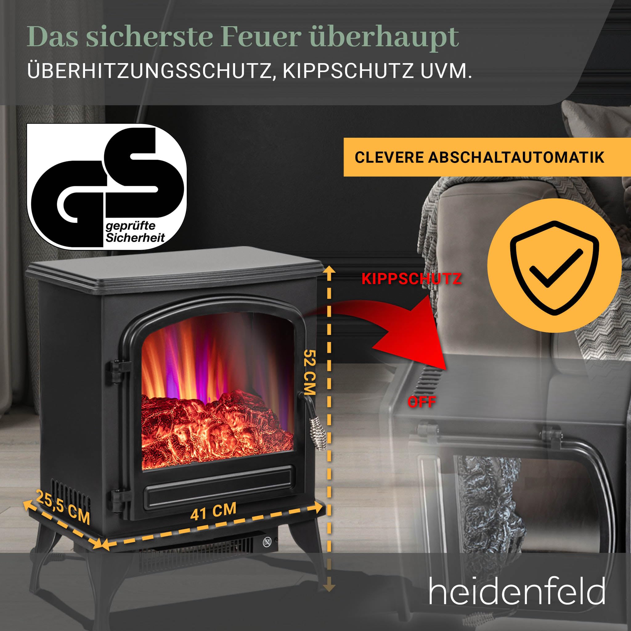 Heidenfeld Elektrokamin EK100 | 𝟯 𝐉𝐀𝐇𝐑𝐄 𝐆𝐀𝐑𝐀𝐍𝐓𝐈𝐄 - 2000 Watt - Energiesparende LEDs - Glasfront - 2 Heizstufen - 3D Flammeneffekt Kaminfeuer - Kaminofen Bis 30 m² (Schwarz 2.0)