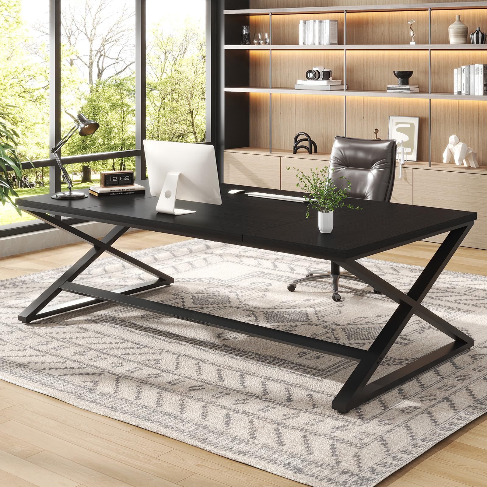 IBF Black Desk, Large Home Office Work Desk, 78.7” Long Computer Desks, Simple Wide Study Writing Desk, Wood Metal Double PC Executive Workstation