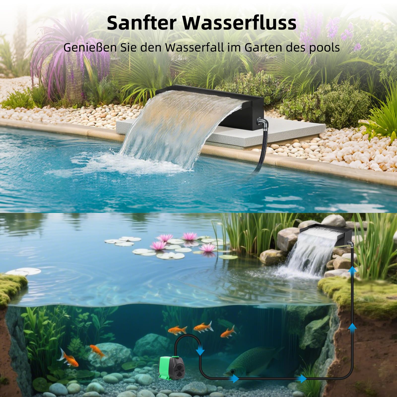 Schwarze Edelstahl Teich Wasserfall Spillway Pool Brunnen Wasser Feature, 45W 3000L/H with Pumpe, Teichüberlauf mit Pumpe und Wellrohr mit Filtermedien, für Terrasse Wasserwand
