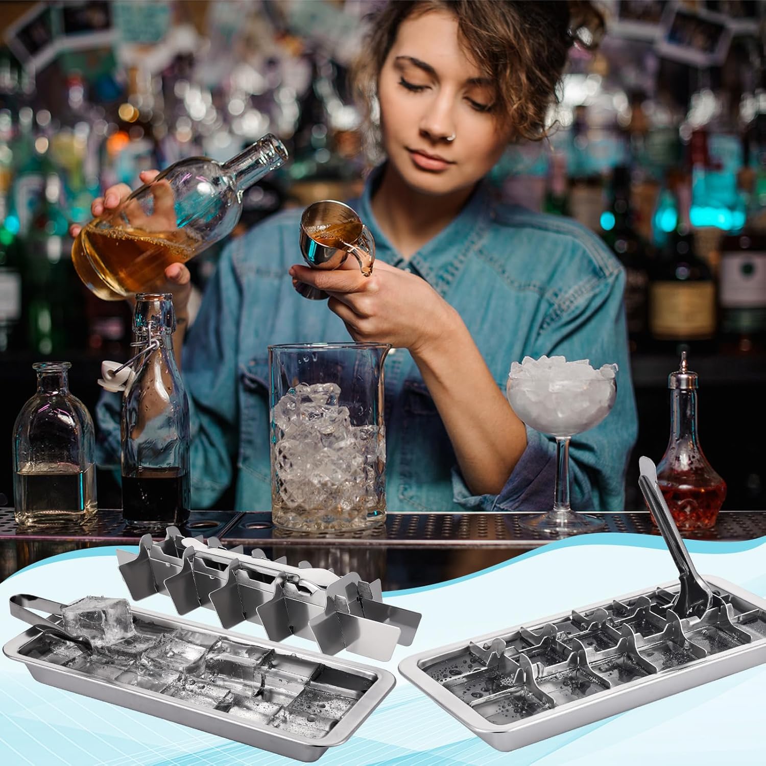 2 Set Stainless Steel Ice Cube Tray 18 Slot Metal Ice Maker Freezer Molds with Lever Tweezers Finger Gloves for Food Juice Bars Kitchens Freezer