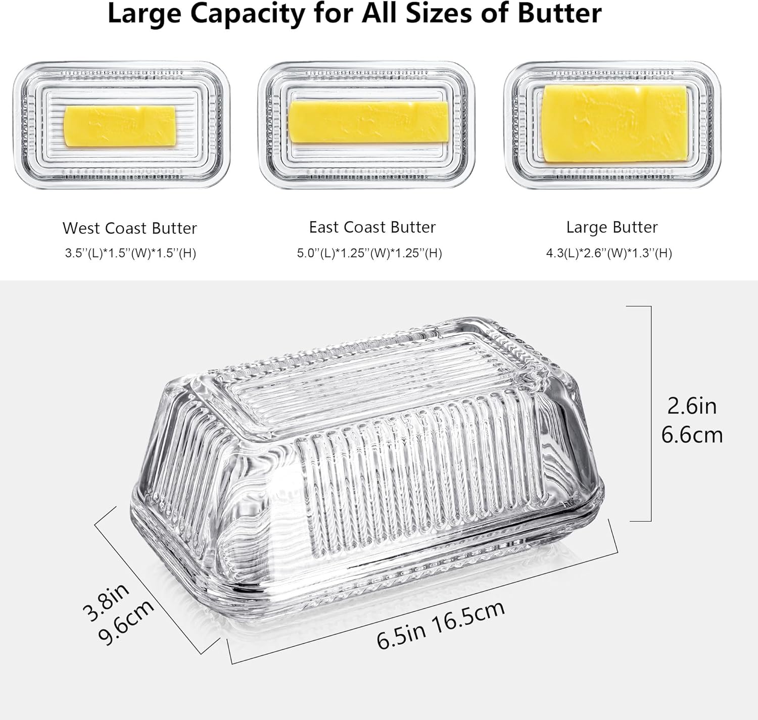 clear glass butter dish with lid for countertop, 6.5" crystal butter dish with cover, covered butter tray for refrigerator 6.5inch