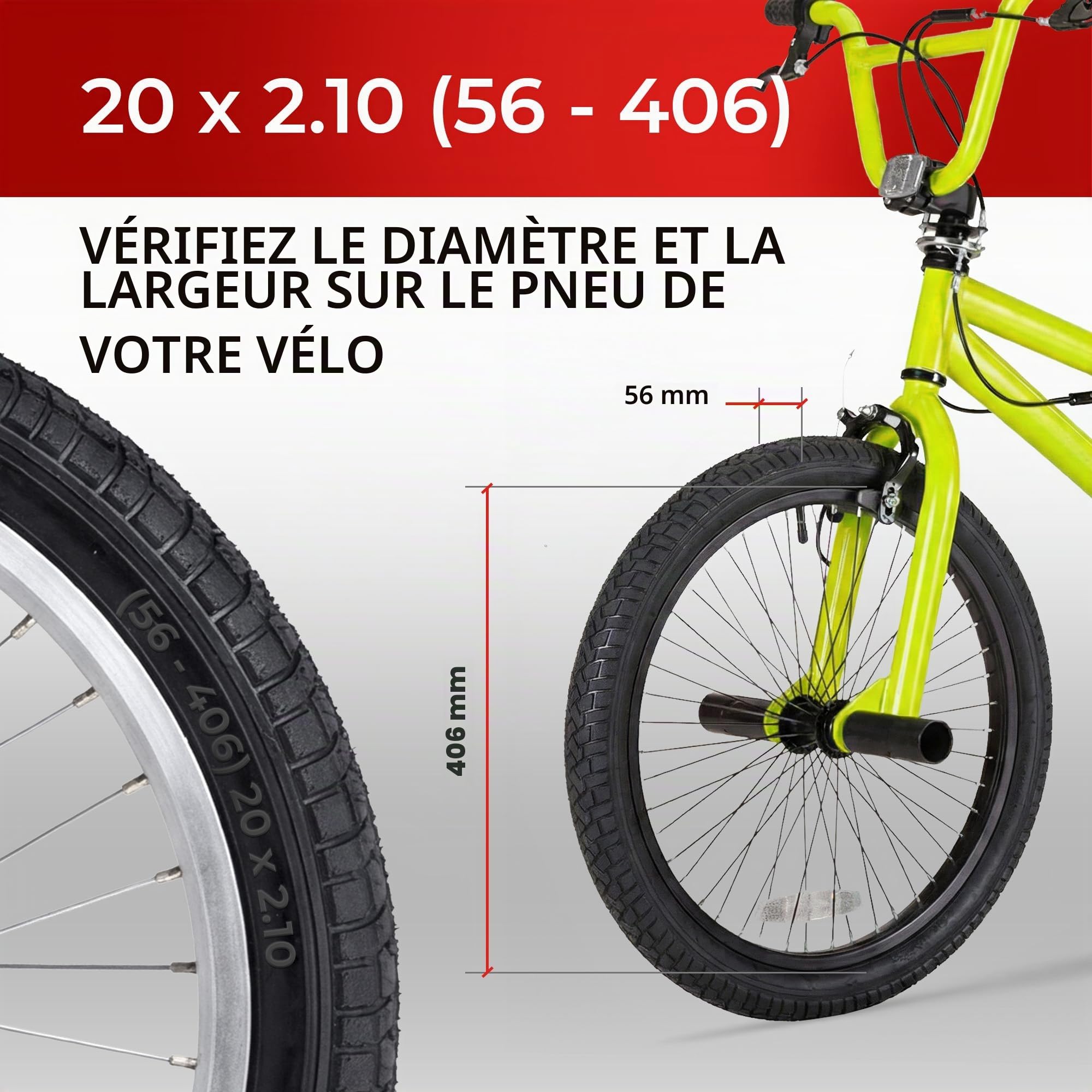 Fincci Pneu BMX 20 Pouces 20x2.10 ETRTO 56-406 Kit avec Chambre Schrader | Pneu Pliable avec Protection Anti-Crevaison Nylon de 2.5 mm et Carcasse 27 TPI pour Tricycle, Route et BMX Freestyle