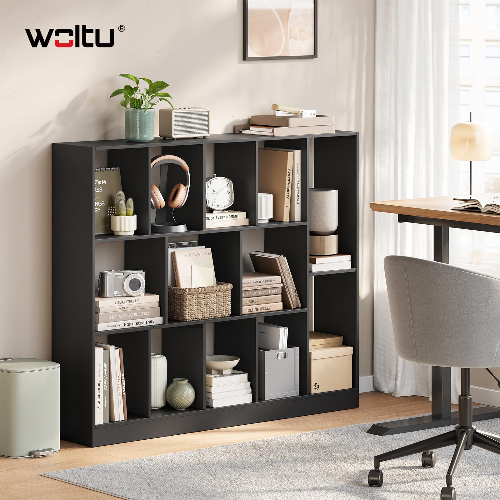 WOLTU Librería para Libros, Estantería Almacenamiento de 13 Cubos en 3 Tamaño, Biblioteca Separador de Espacios, Colocación Vertical y Horizontal, para Estudio u Oficina,109x24x101 cm, Negro