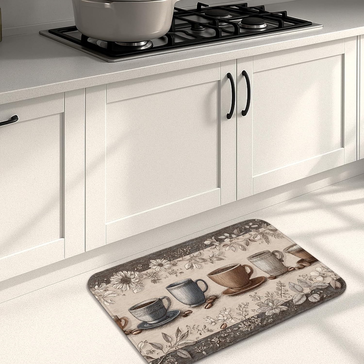 Vintage Kitchen Mats for Floor, Coffee Cups Floral Memory Foam Rugs, Cushioned Comfort Washable Non Slip Decor for Kitchen Sinks Laundry Room Bathroom 2PCS