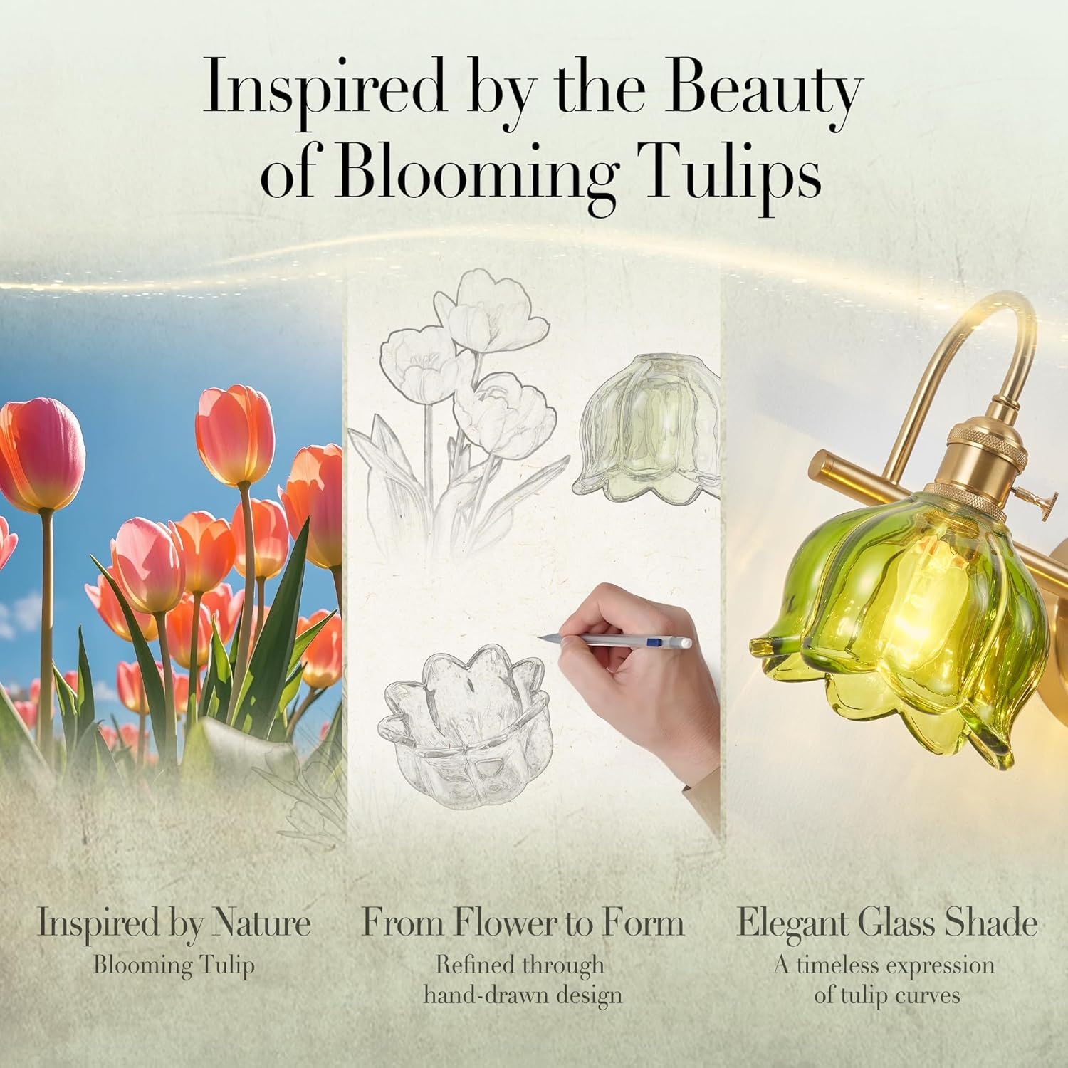 2-Light Vintage Bathroom Light Fixtures, 14.5" Hardwired Vanity Lights with Green Tulip Glass Shades, Brushed Gold Antique Wall Lights for Mirror Restroom Bedroom Living Room(Bulbs Not Included)