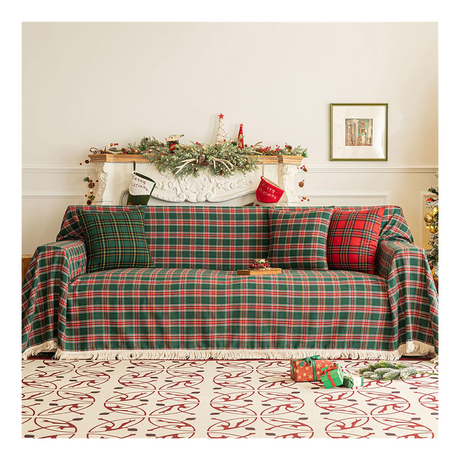 Manta para Sofá Navidad con Flecos, Funda de Sofá Navideñas Manta Microfibra para Cama, Manta de sofá de Cama o de Sala de Estar Lavable Protector (Rojo Verde,180x340cm)