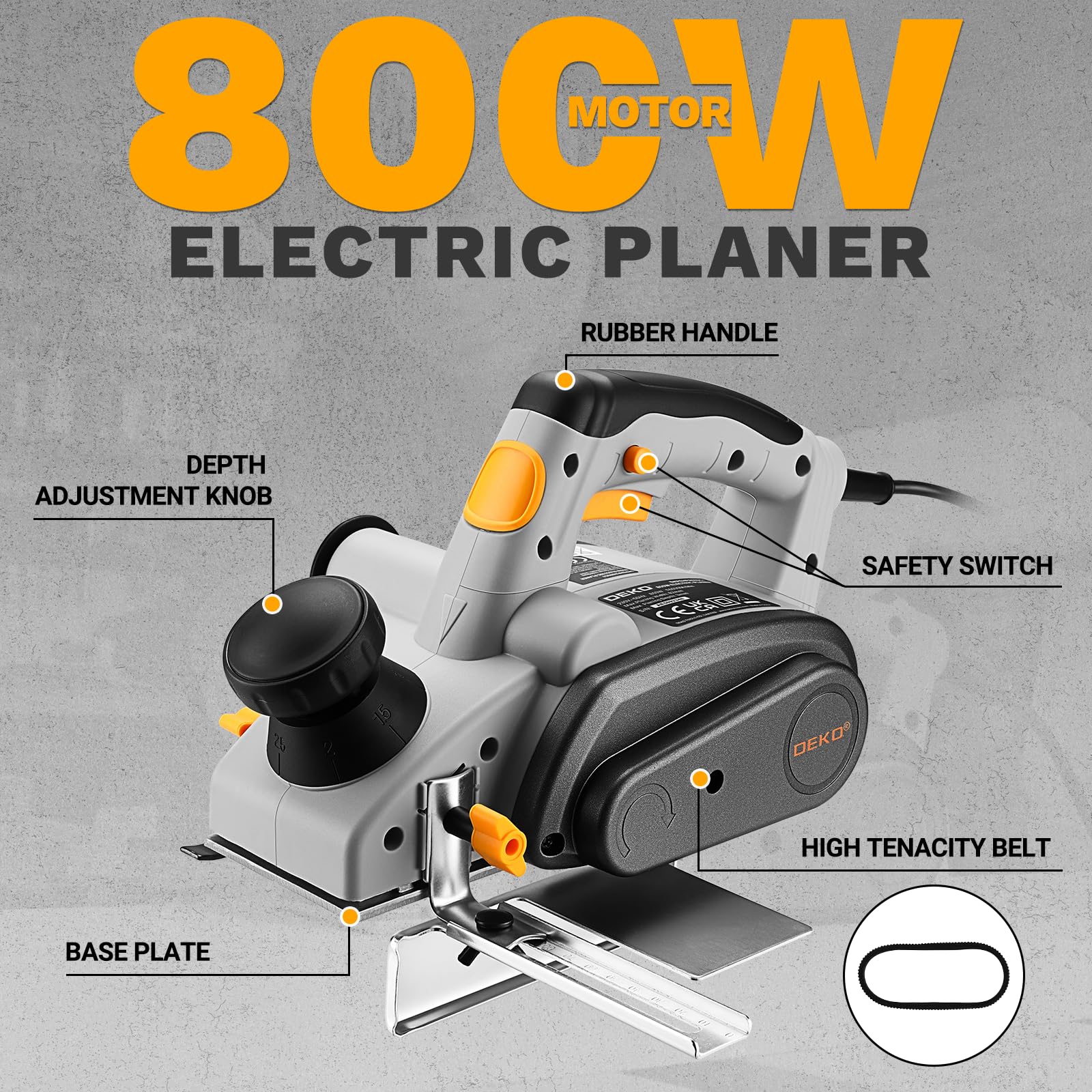 DEKOPRO Cepilladora Eléctrica con Cable 800W, 16000 RPM, Ancho 82mm, Profundidad 3mm, Herramienta para Carpintería, Biselado y Trabajos de Bricolaje