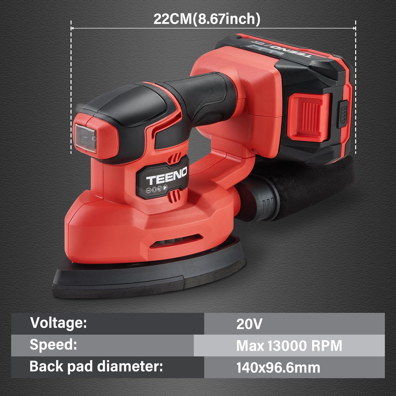 TEENO Ponceuse multifonction sans fil 3-en-1, 20V Ponceuse Delta avec 2A Batterie, 13000 tr/min Ponceuse de détail avec sac de Collecte de Poussière, 15 Feuilles de Papier Abrasif, 140x96.6mm