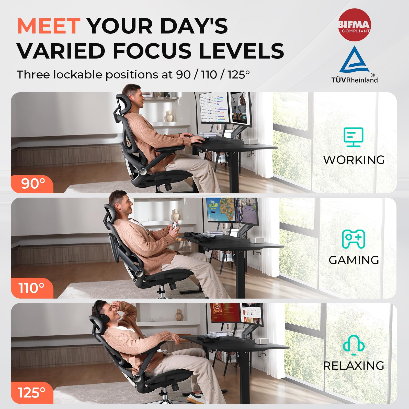 CAPOT Ergonomic Mesh Office Chair, Adjustable Lumbar High Back Desk Chair 400lbs, 4D Flip-up Arms, 3-Level Tilt Backrest, 3D Headrest, PU Wheels, Swivel Rolling Computer Seating for Long Desk Work