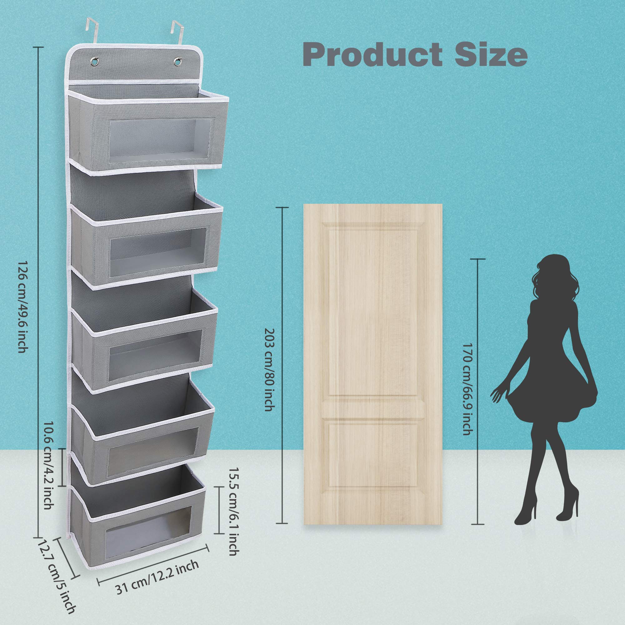 Organizer Da Porta Con 5 Tasche Trasparenti E Ganci In Metallo – Salvaspazio Per Cameretta, Bagno, Dispensa, Colore Grigio