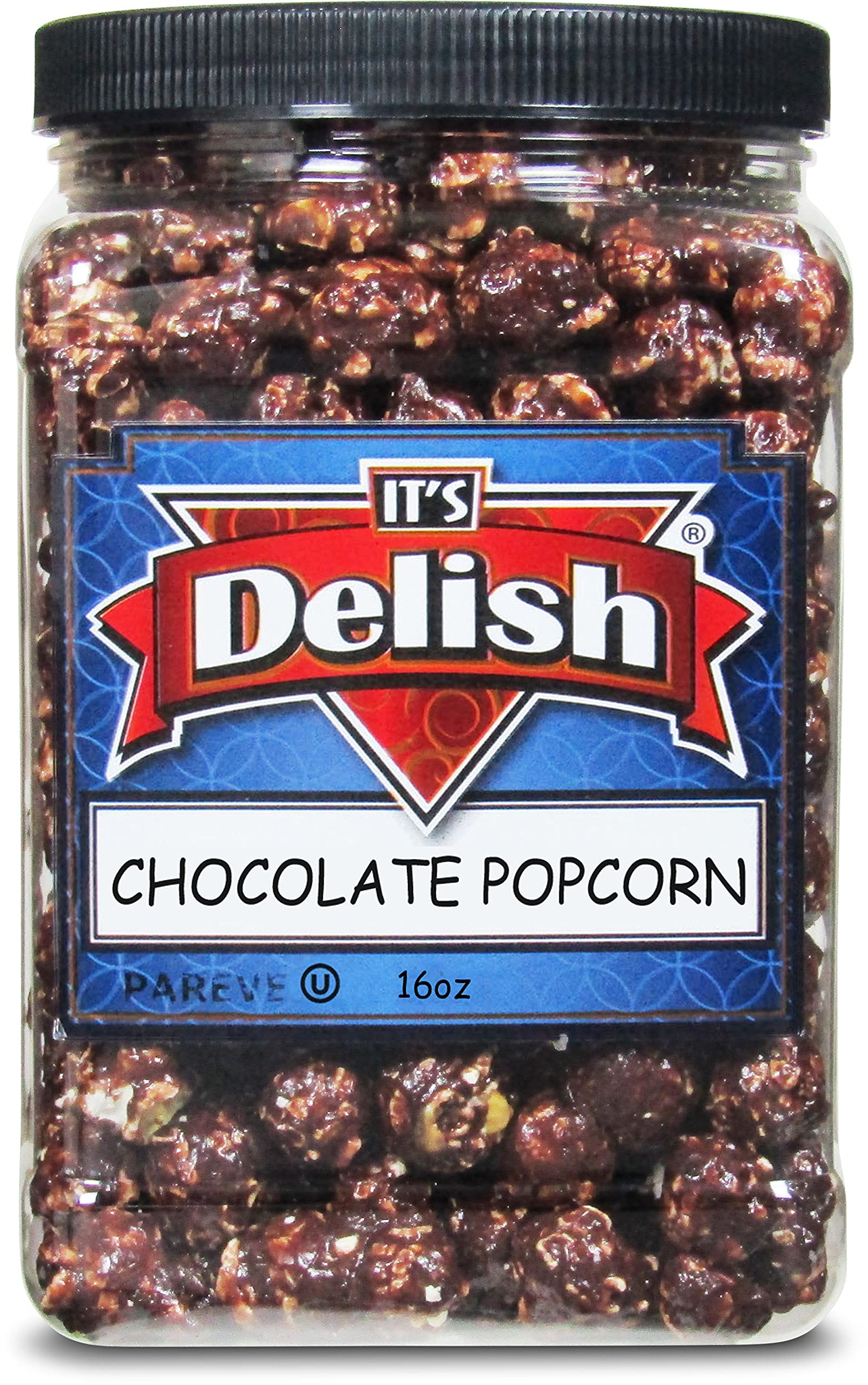 Its Delish Gourmet Schokoladen-Popcorn Jumbo-Behälter, 473 ml, festlicher Karamell-Mais, luftgepresst, süßer und knuspriger glasierter Karmel-Mais-Snack, Filmabend, Partys, Events – glutenfrei, vegan,