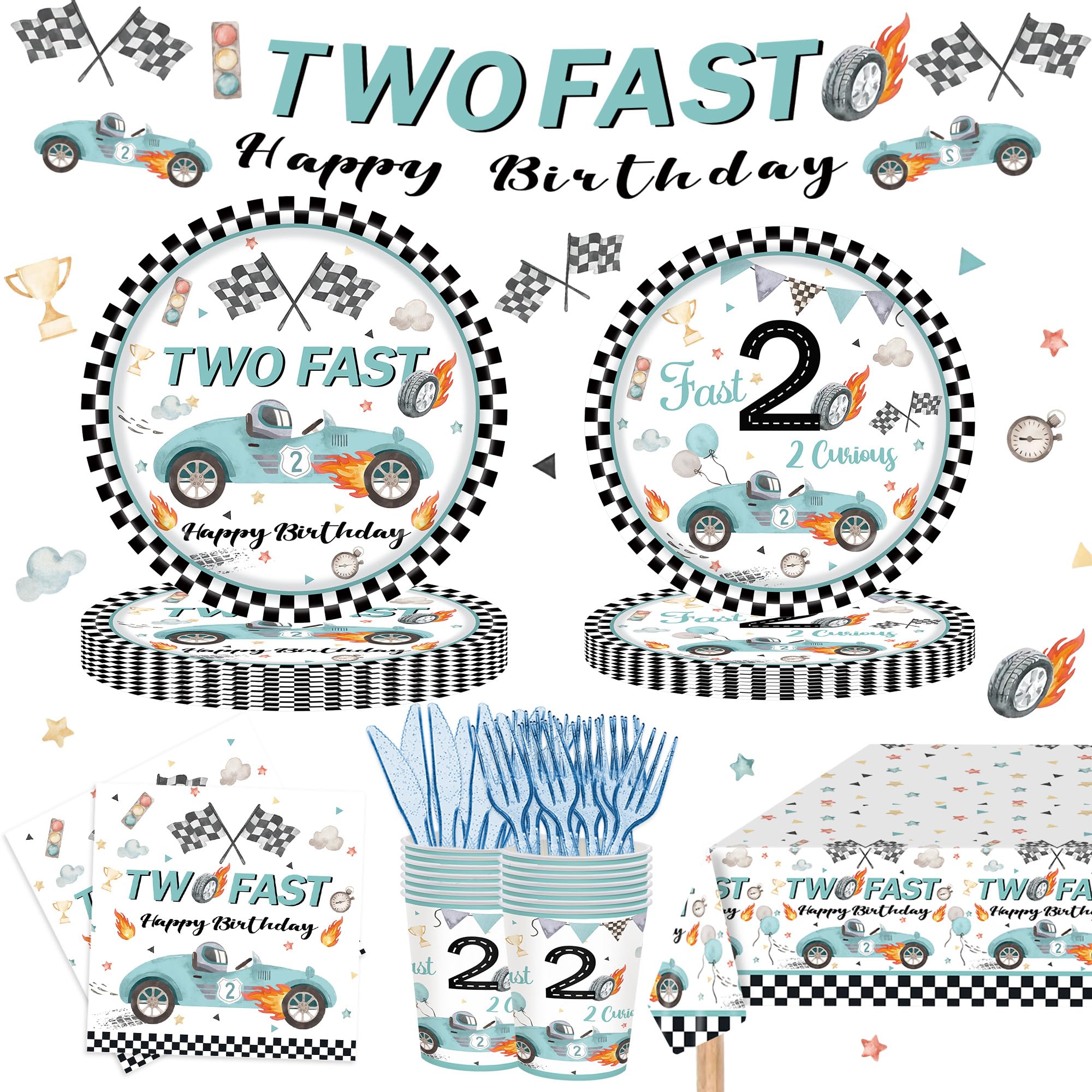 122PCS Two Fast Birthday Party Supplies for Kids Boys 2nd Birthday Party Decor Two Fast Two Curious Racing Car Bday Tableware Set Plates Napkin Cups