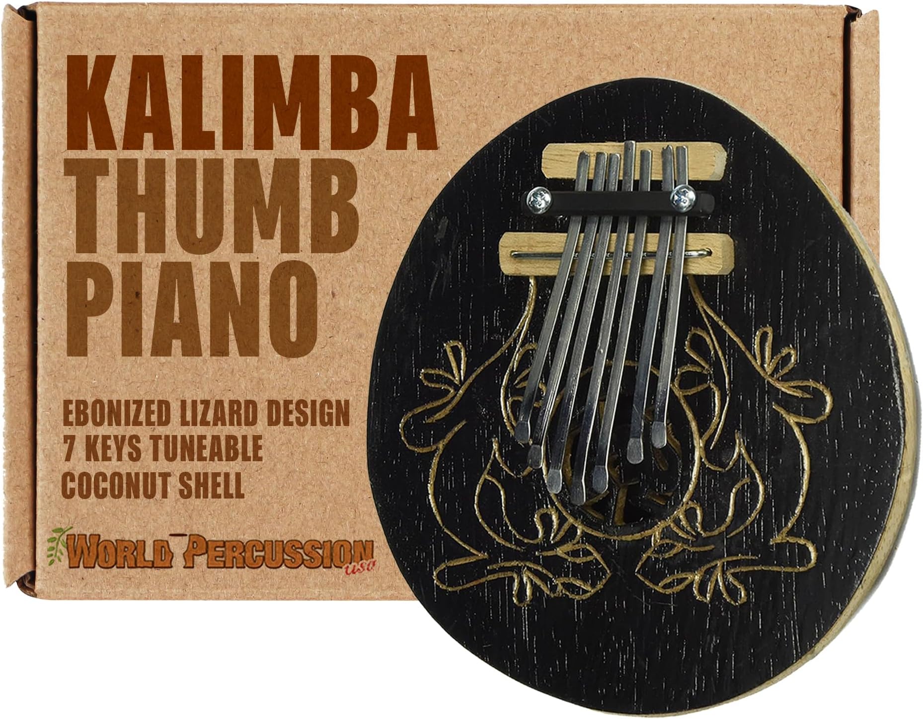 World Percussion USA Kalimba Thumb Piano Instruments - 7 keys - Tunable - Coconut Shell - Ebonized Lizard (R)