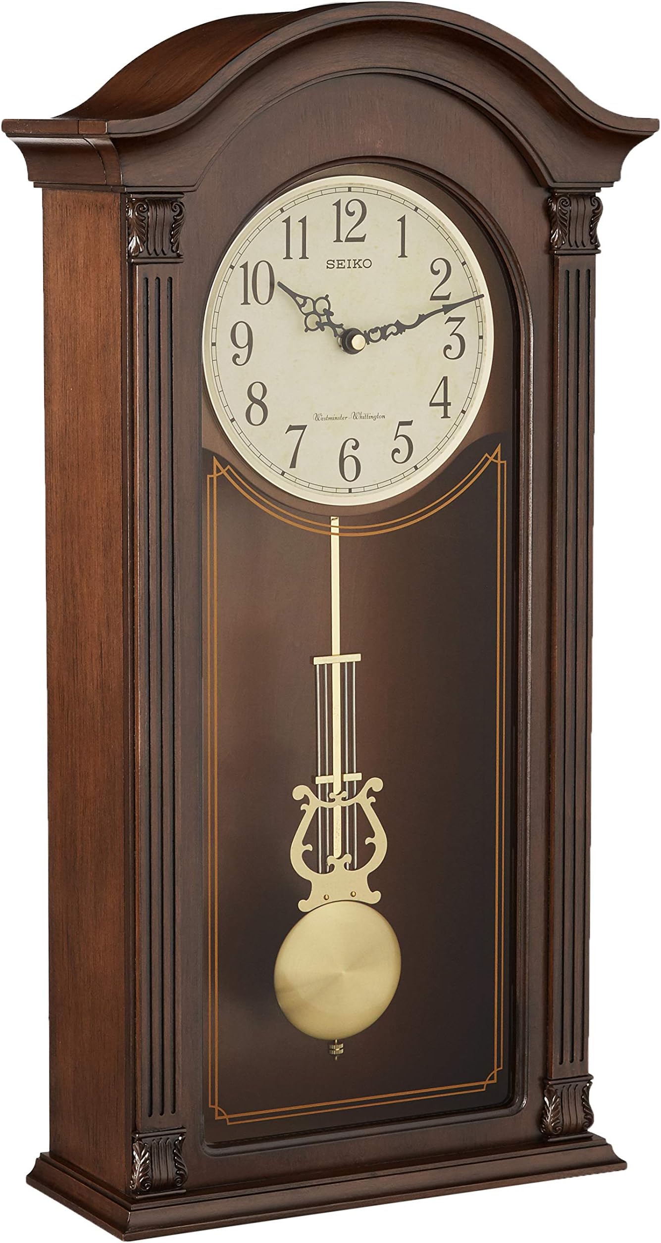 Seiko Gold Tone & Arched Wall Clock with Pendulum and Dual Chimes