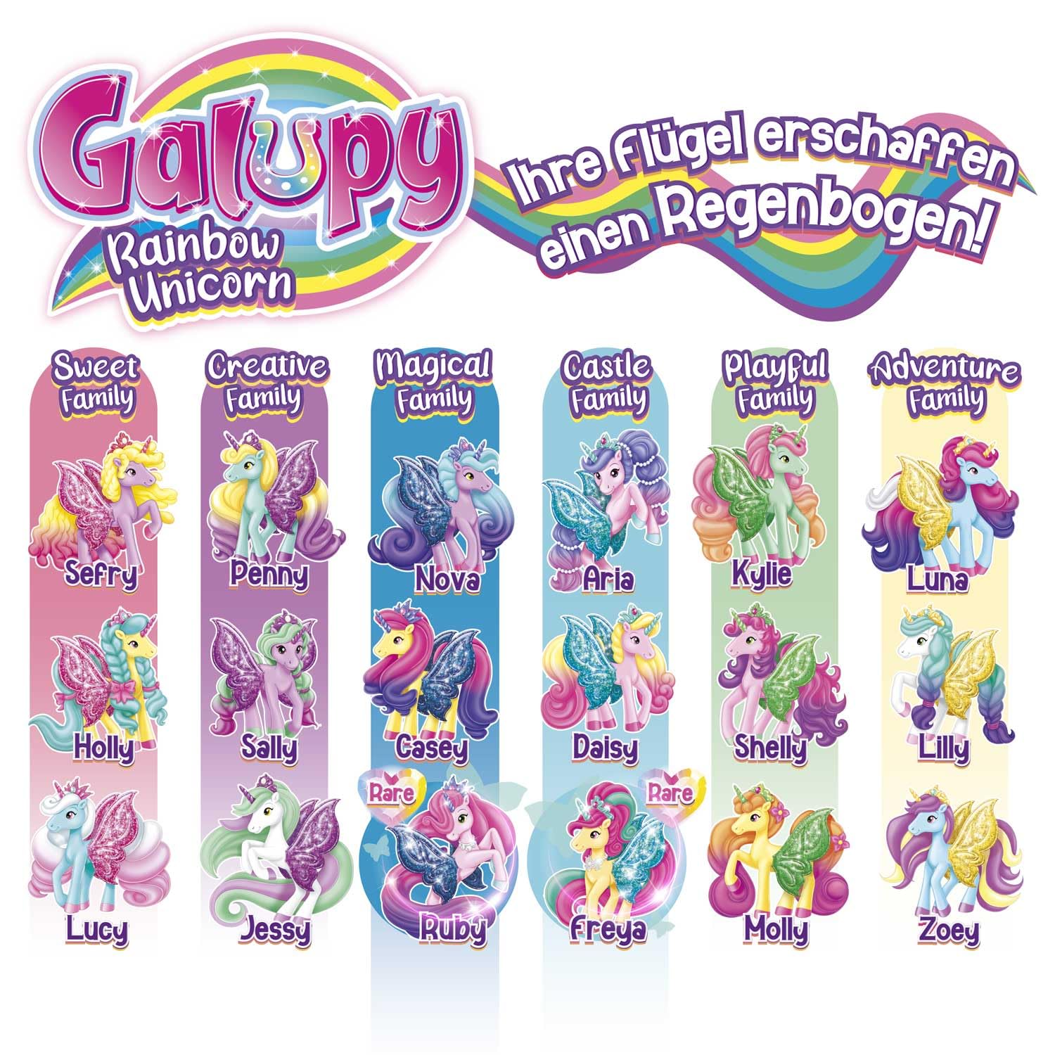 Galupy Rainbow Unicorn 16 Pack - Unicornio de Juguete para coleccionar, Figuras de Unicornio con alas de Purpurina y Cristal de Swarovski