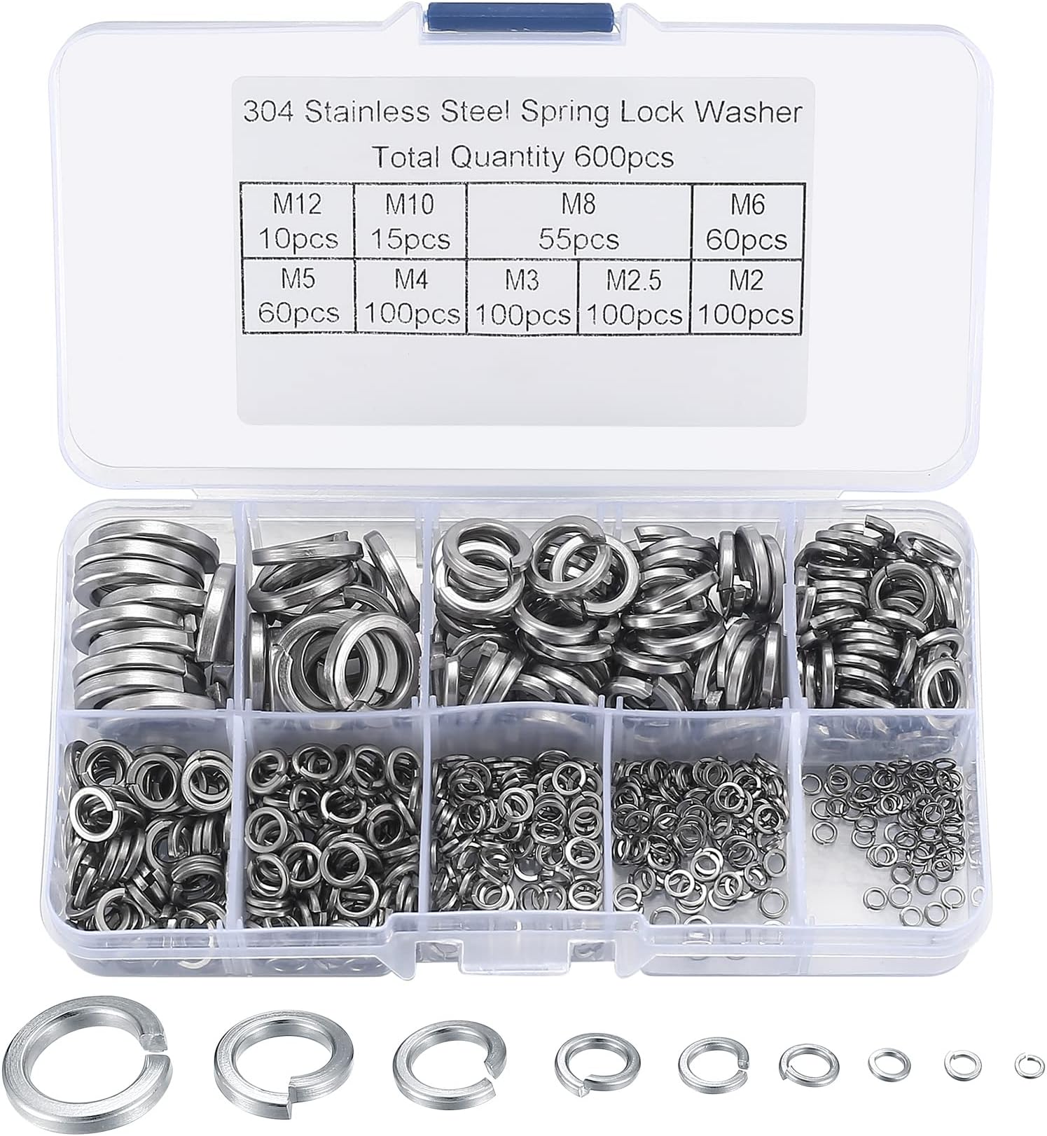 600 Pcs Spring Lock Washer Assortment Kit, 304 Stainless Steel Split Lock Spring Washers Set - M2/M2.5/M3/M4/M5/M6/M8/M10/M12