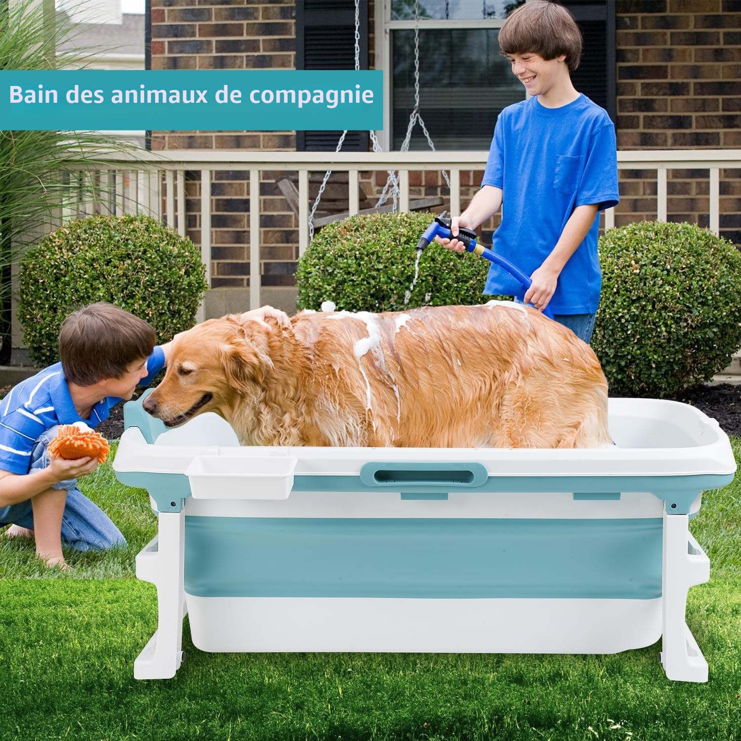Baignoire pliable XXL - Baignoire mobile avec coussins et massage - Idéale petite salle de bains, douche et balcon - 149x60x50 cm - Bleu