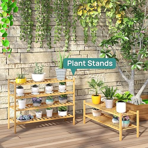 Vista 140 de Zapatero de bambú negro de 4 niveles para entrada, apilable, plegable, natural, organizador de zapatos para armario de pasillo, zapateros de pie