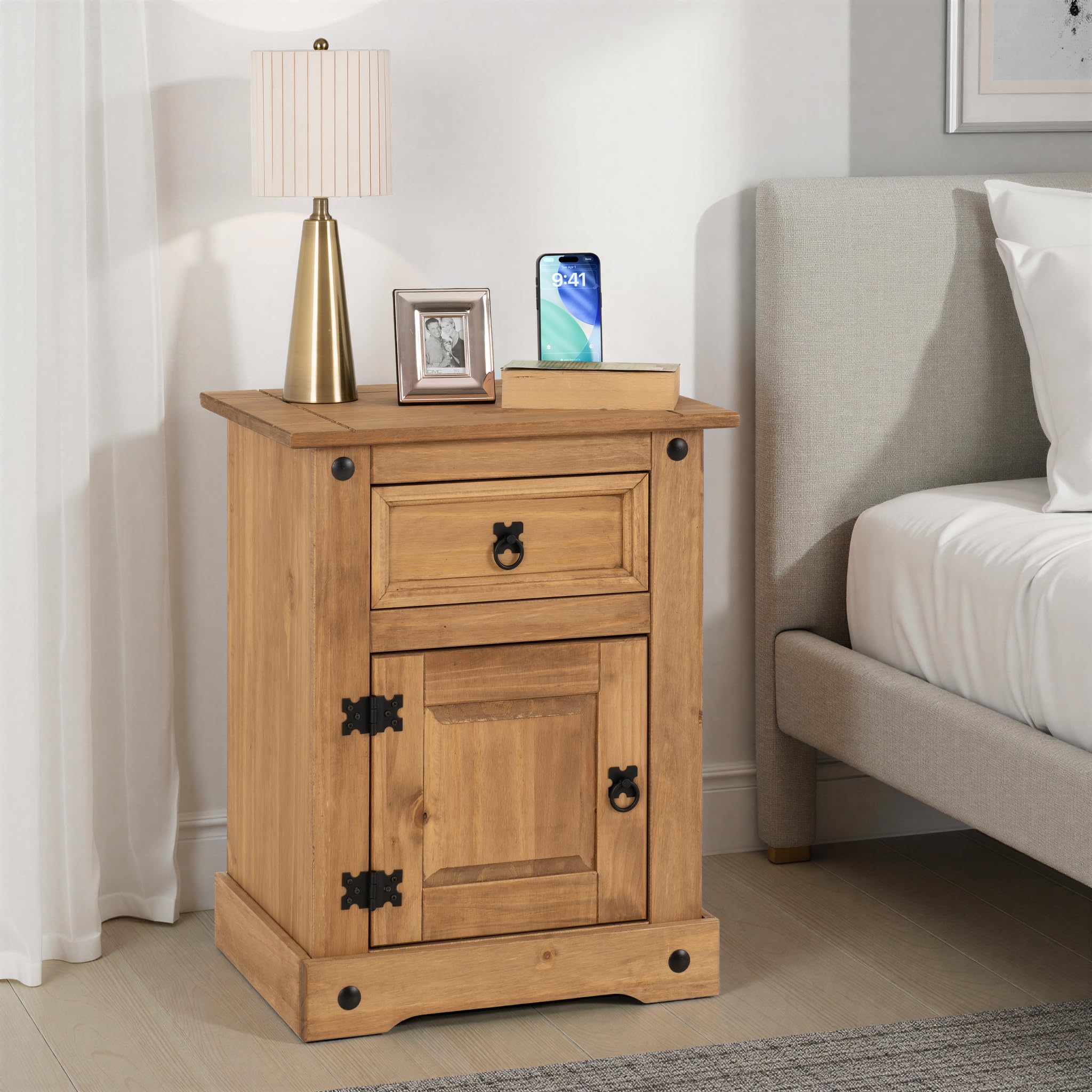 Seconique 1 Door 1 Drawer Bedside - Distressed Waxed Pine