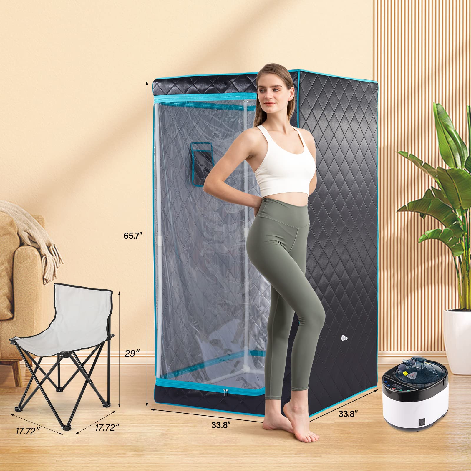ZONEMEL Sauna a vapore portatile a grandezza naturale, spa personale domestica, vapore da 1600 Watt 4 litri con telecomando, timer, sedia pieghevole (L 33 "x 33" x H 66", bordo verde)