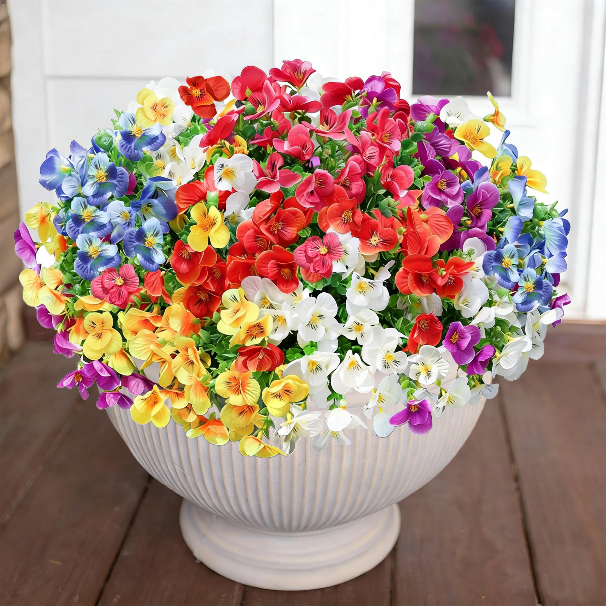 Ivydale Artificial Flowers for Outdoor Decorations, 12 Bundles Fake Pansies Flower, Silk Flora with Eucalyptus for Planter, UV Resistant Realistic Bouquets Front Door Garden Porch Patio Yard