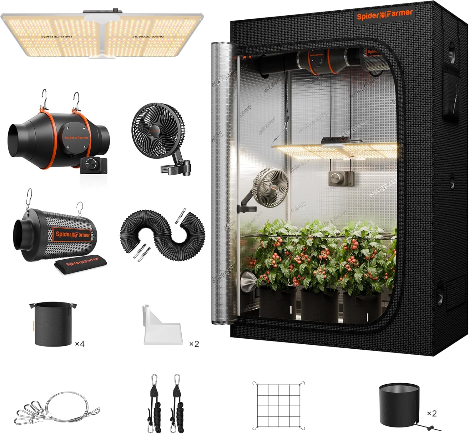 Spider Farmer 2x4 Complete Grow Tent Kit, SF2000 Full Spectrum Dimmable LED Grow Light Tent Complete System 24" x 47" x 71" Growing Tent Set 4" Ventilation System & 6'' Clip Fan
