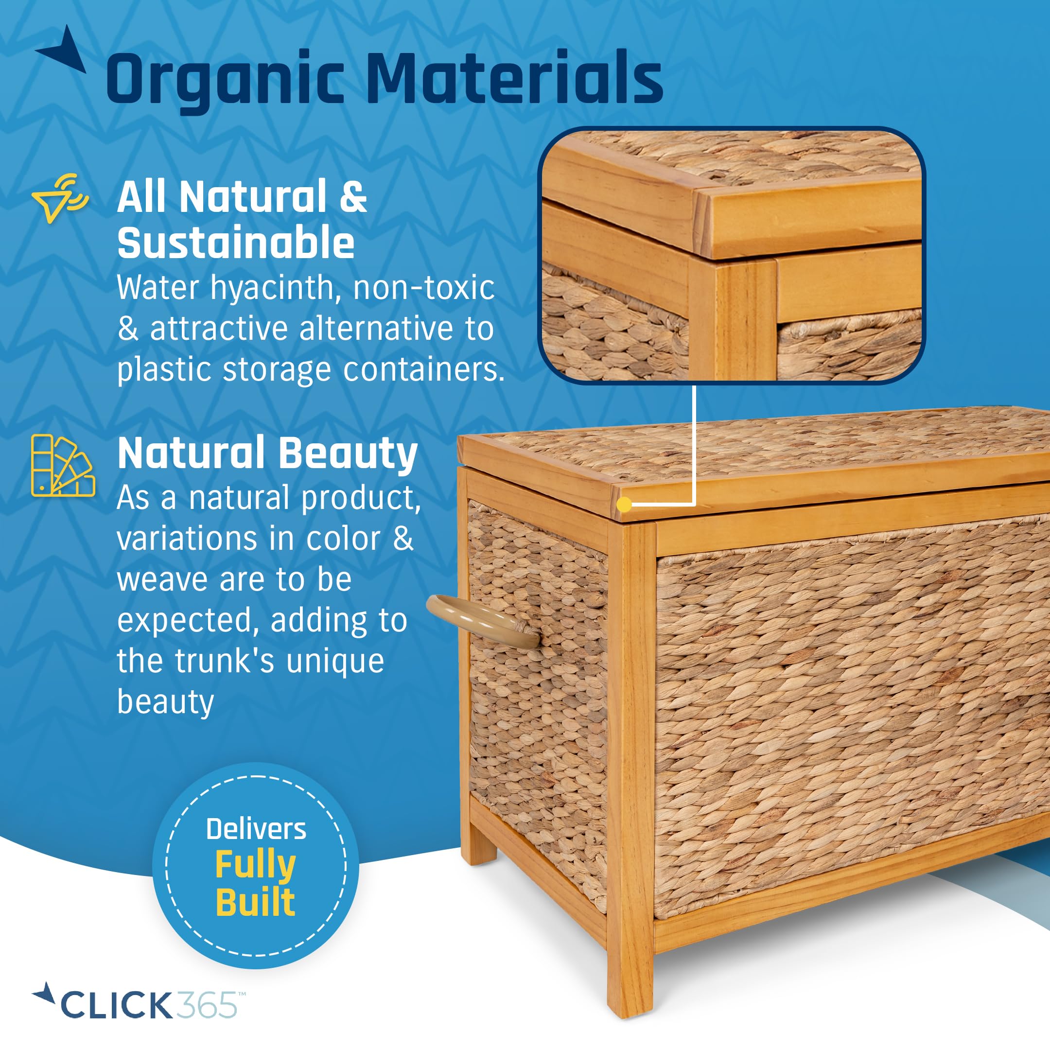 ClickDecor Wilson Baúl de mimbre, estilo granja, jacinto de agua tejido a mano, marco de madera de acacia, asas de metal, cesta de almacenamiento grande de 30 pulgadas de ancho con tapa para sala de