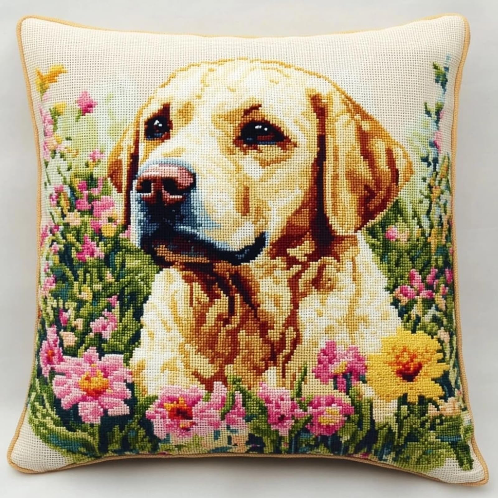 WallustrioaW Stamped Cross-Stitch Pillow Kit,Labrador Retriever in the Flowerbed,Cushion Needlework Kit with Embroidery Pattern on Cotton Canvas Holiday,Gift 18x18in