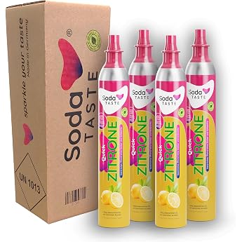 SodaTASTE Quick Lemon CO2 Cylinder Replacement Pack of 4 Refill for Water Carbonators with Quick Connect System with Natural Lemon Aroma without Syrup Sugar-Free Attention Empty Cylinder Required