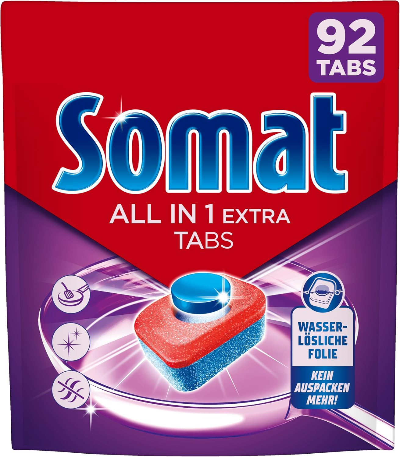Somat All in 1 Extra Dishwasher Tablets (92 AW), Dishwasher Tablets for Radiantly Clean Dishes, Even in Low Temperature, Short & Eco Programs, Removes Crusted Items, Provides Brilliant Shine