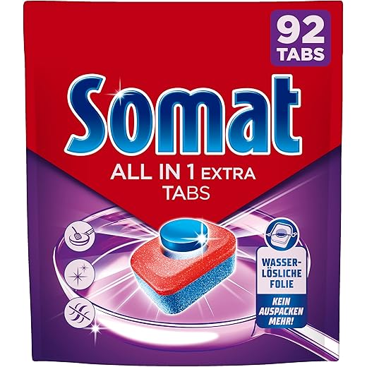 Somat All in 1 Extra Dishwasher Tablets (92 AW), Dishwasher Tablets for Radiantly Clean Dishes, Even in Low Temperature, Short & Eco Programs, Removes Crusted Items, Provides Brilliant Shine