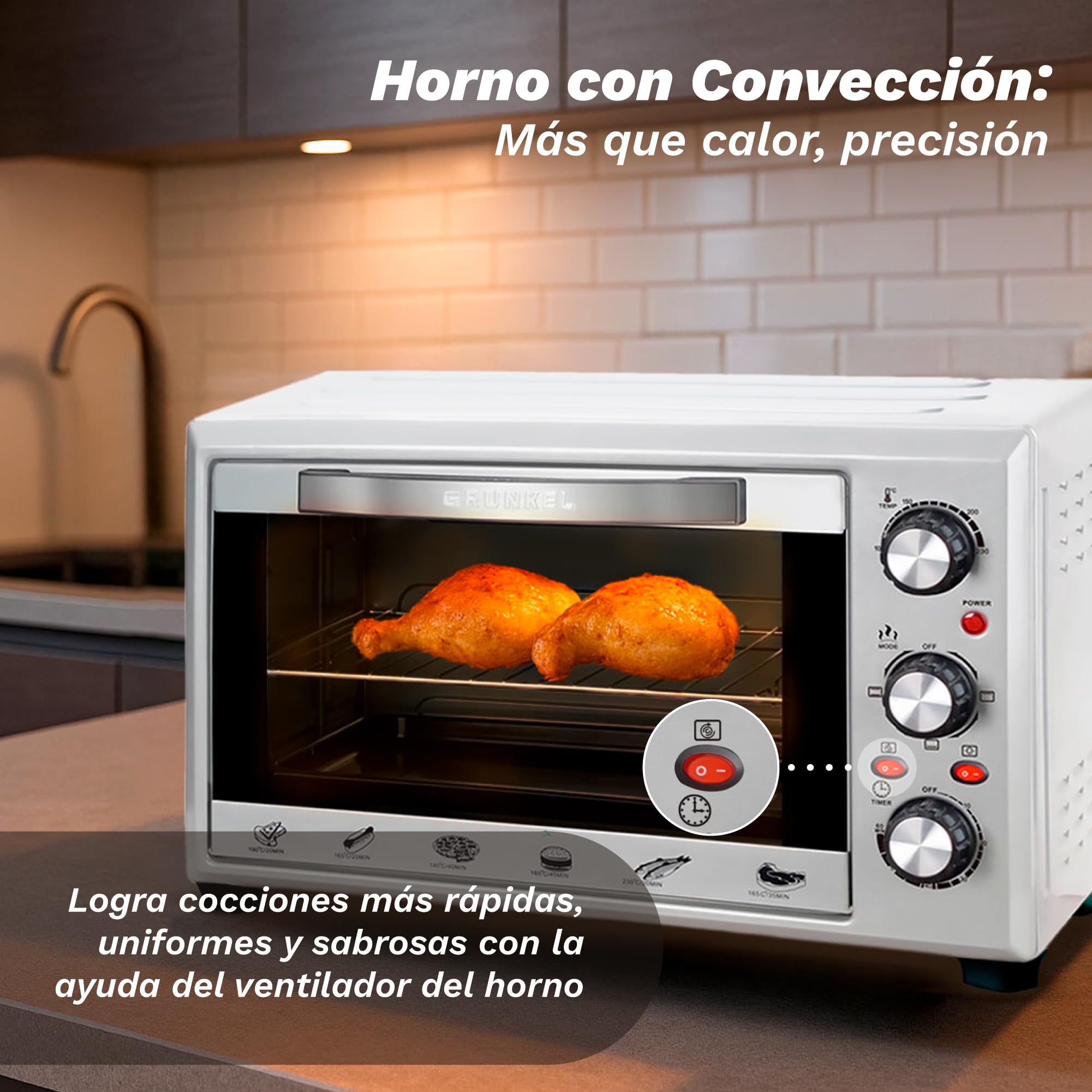 Grunkel Horno eléctrico multifunción de sobremesa de 28L con 3 funciones de calor y selector de temperatura hasta 230ºC. Temporizador hasta 60 min - 1600W