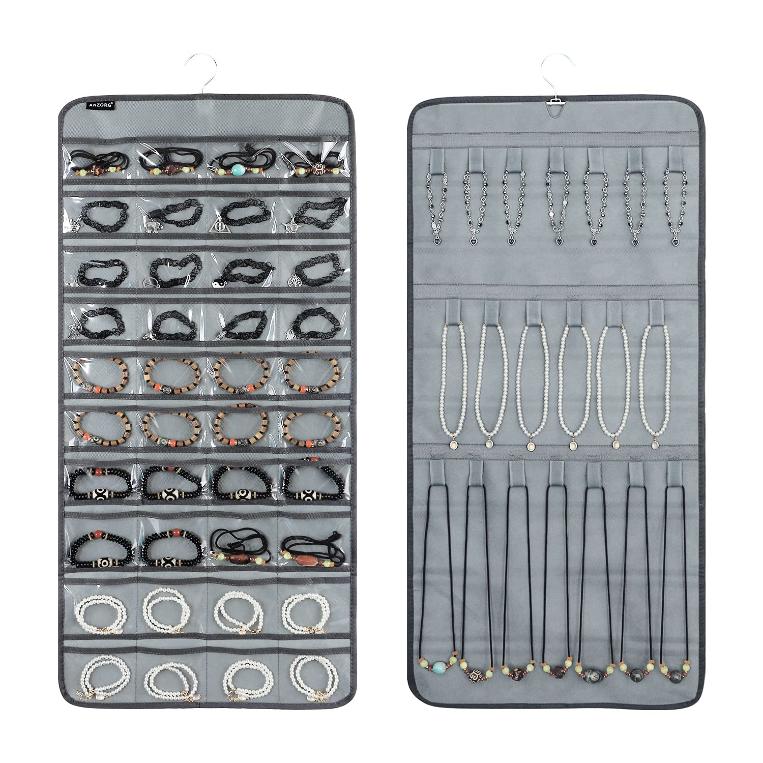 ANZORG Dual-sided Hanging Jewelry Organizer with 40 Pockets and 20 Hook Loops Necklace Holder Jewelries Organizer for Earrings Bracelets Rings with 360 Degree Rotating Hanger (40 Pockets and 20 Hook Loops-Grey)