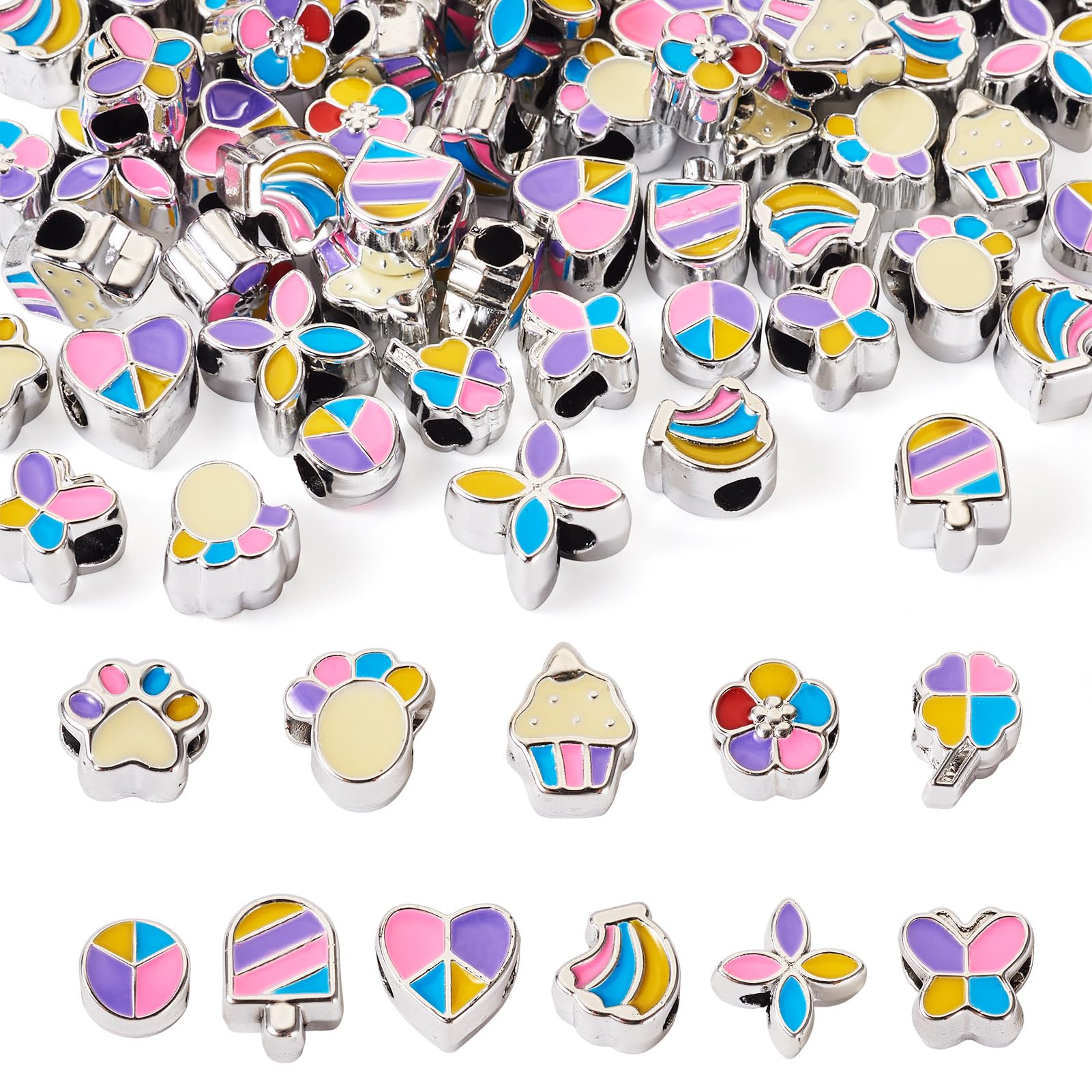 KISSITTY 66Pcs Enamel European Beads 4mm 11 Styles Colorful Large Hole Beads CCB Plastic Craft Loose Spacer Beads for DIY Design Pens Jewelry Making Bracelet Necklace Earring for Women