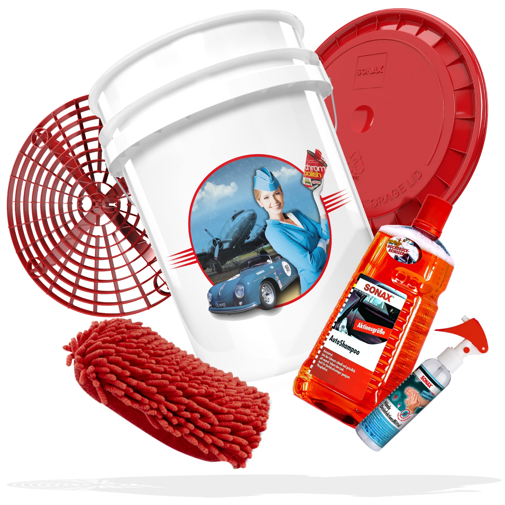 SONAX Autopflege Bundle Basis | Auto Reinigungsset - Wascheimer Stewardess mit Deckel + Grit Guard Eimereinsatz Autoshampoo 2 Liter + 2in1 Microfaser Autoschwamm