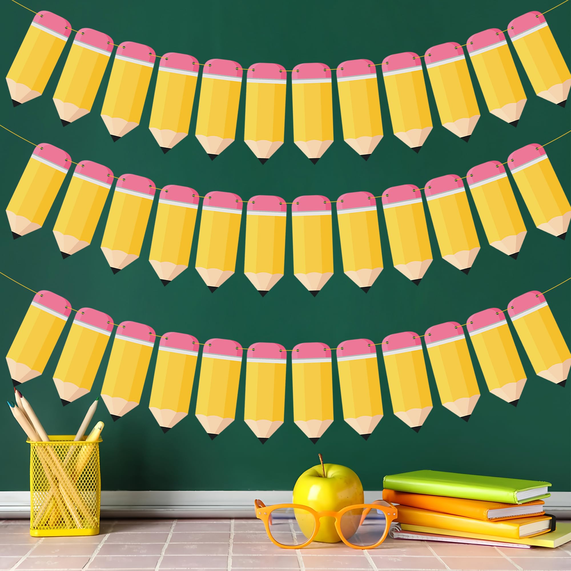 60 Pcs Welcome Back to School Pencil Banner Pencil Paper Garland First Day of School Hanging Banner DIY Pencils Party Decorations Partyprops for Home Schools Classroom Teacher Office Party Decor - Image 7