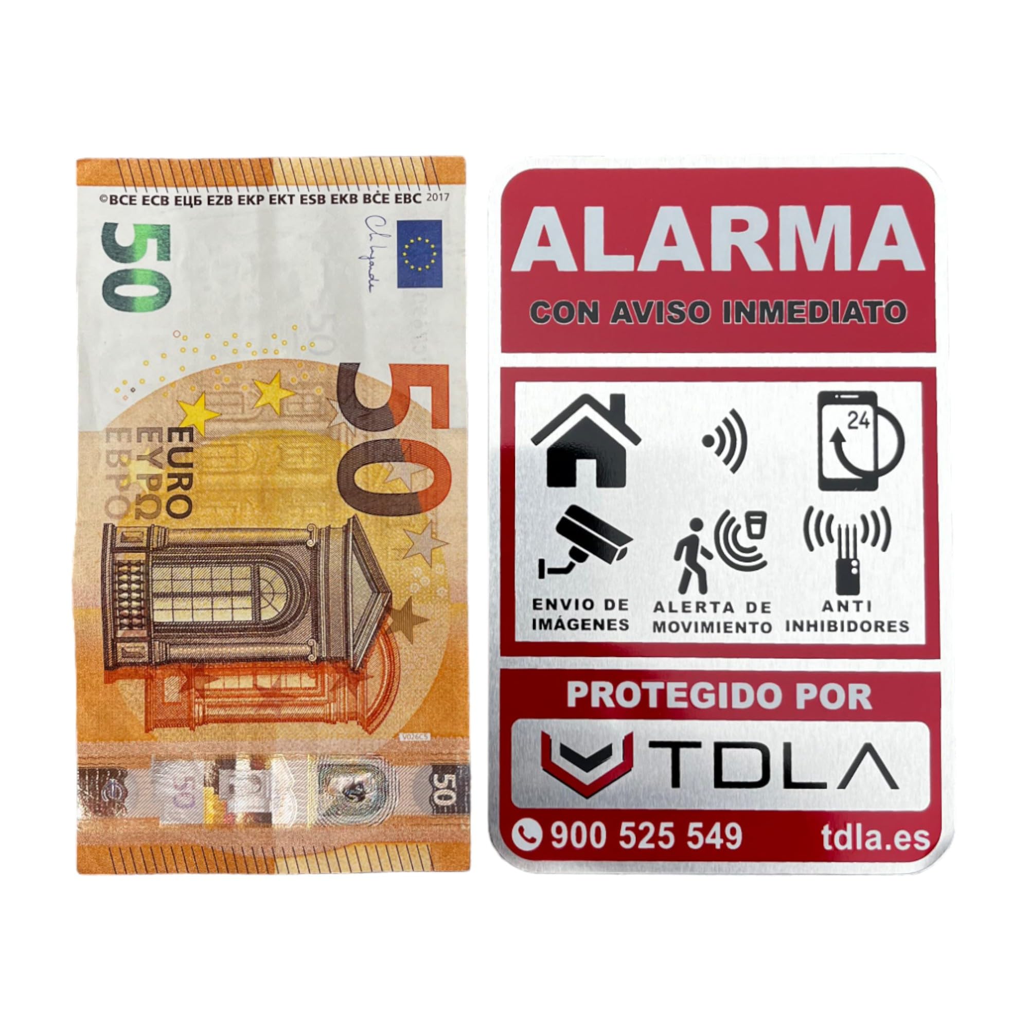 NO PARECE REAL, LO ES. Super Adhesivo y ALUMINIO. Somos empresa venta de ALARMAS Especial piso Cartel disuasorio Alarma ROJO, 9x14cm.