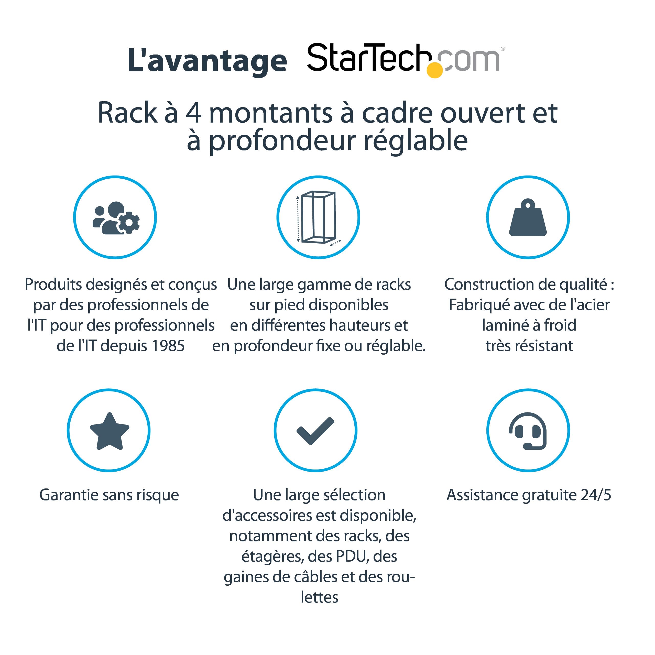 StarTech Rack Serveur 25U 4 Montants, Rack Ouvert 19 pouces Profondeur 101 cm Capacité 544 kg