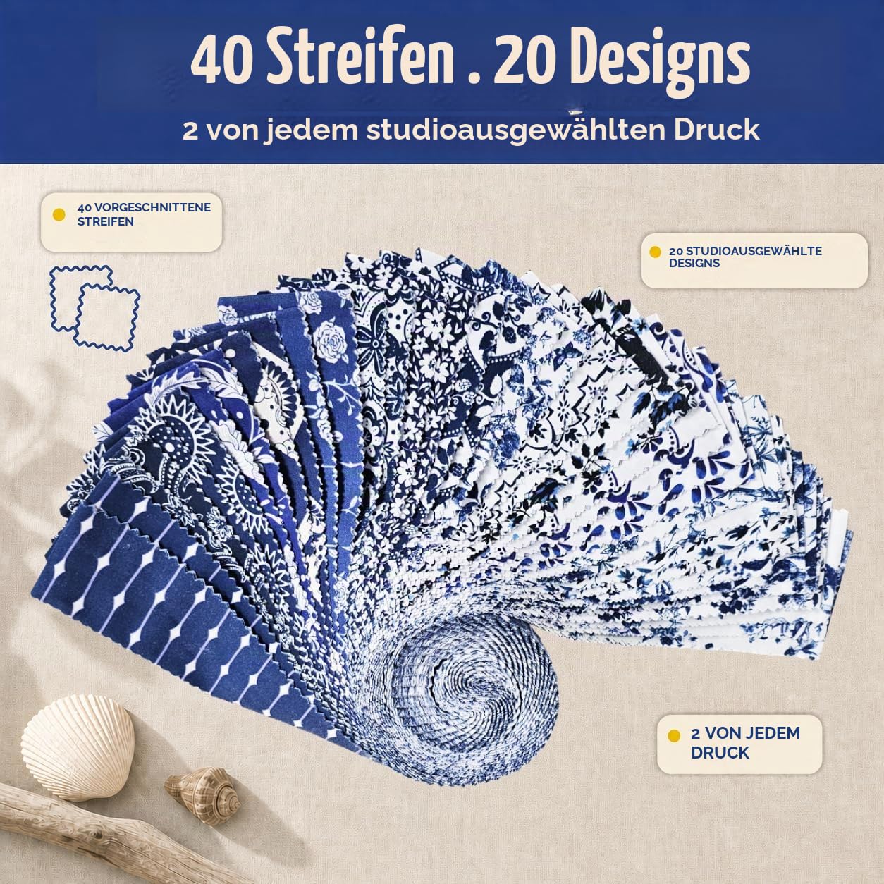 Jelly Roll Stoffe zum Quilten, 40 Streifen, 6,4 x 111,8 cm, Baumwollstreifenbündel, perfekter Quiltstoff zum Nähen, vorgeschnittene Quilt-Projekte und Bastelarbeiten (Feines Porzellan)