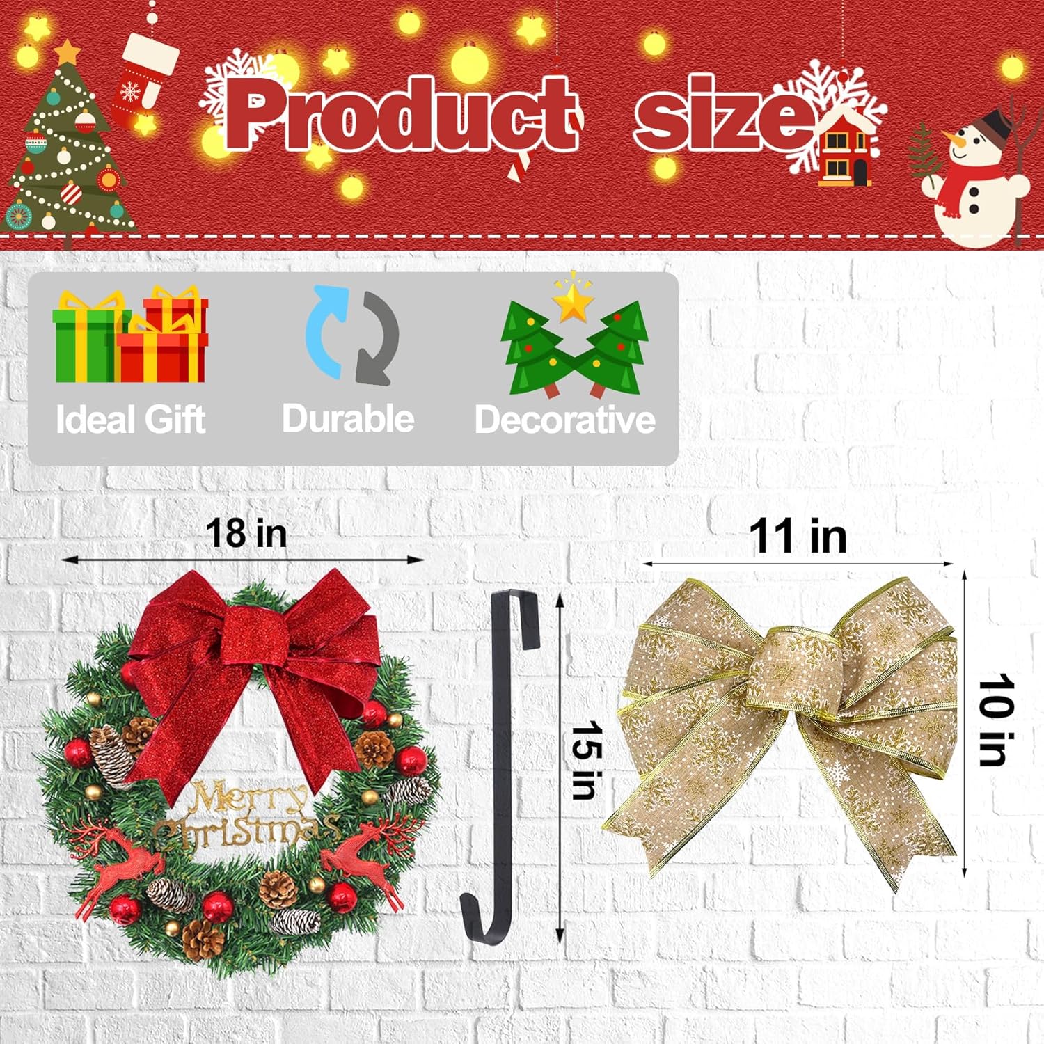 Christmas Door Wreath, Wreaths for Christmas Decor, Holiday Wreath Flocked with Pine Cones, Ball Ornaments and 2 Bows, Indoor Outdoor Decorations, Beautiful on Wall, Window, and Mantel, 18 inches - Image 7