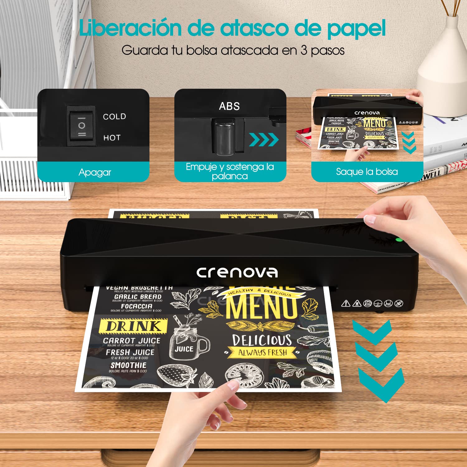 Crenova Plastificadora A4 en Caliente y Frío con 10 Fundas, Sin Burbujas, Ideal para Hogar y Oficina (Negra)