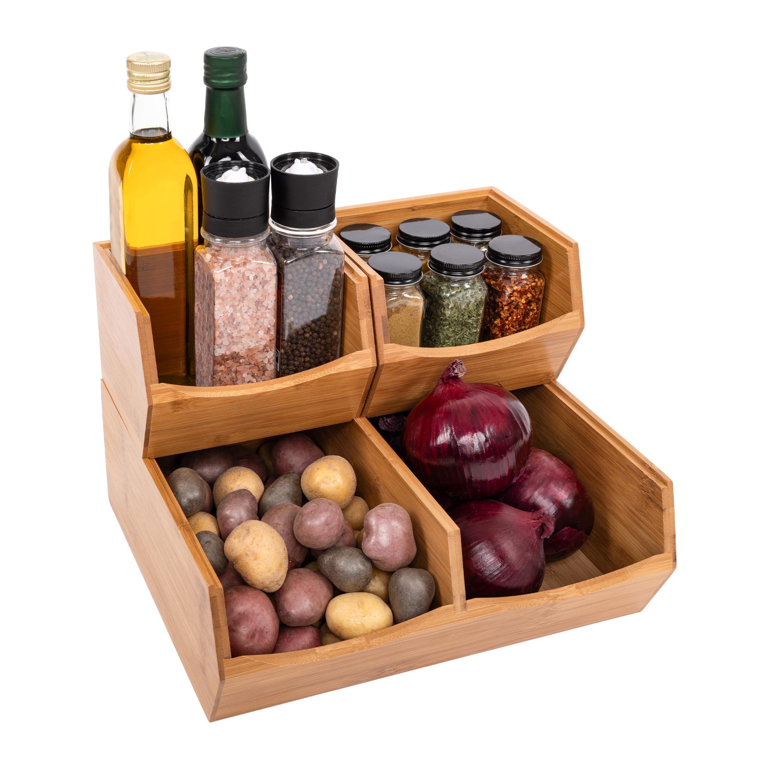 Seville Classics Bamboo Premium Organizer Storage Bins for Kitchen Silverware, Pantry, Closet, Office Desk, Pens, Utensils, Makeup, K Cup, Bamboo, Stackable Bin Set (3 Piece)