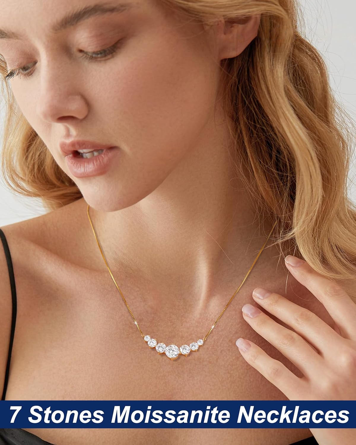 TUHE 7 Stones Moissanite Necklace for Women, 1.7-5.0 Carat Smile Moissanite Pendant Necklace 18k Gold Plated Sterling Silver 16.5+2.5 inch Box Chain Tennis Necklaces with Certificate of Authenticity - Image 7