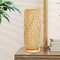 Handmade Boho Bamboo Wicker Table Lamp - Rustic Farmhouse Nightstand Desk Light for Bedroom, Nursery, Living Room