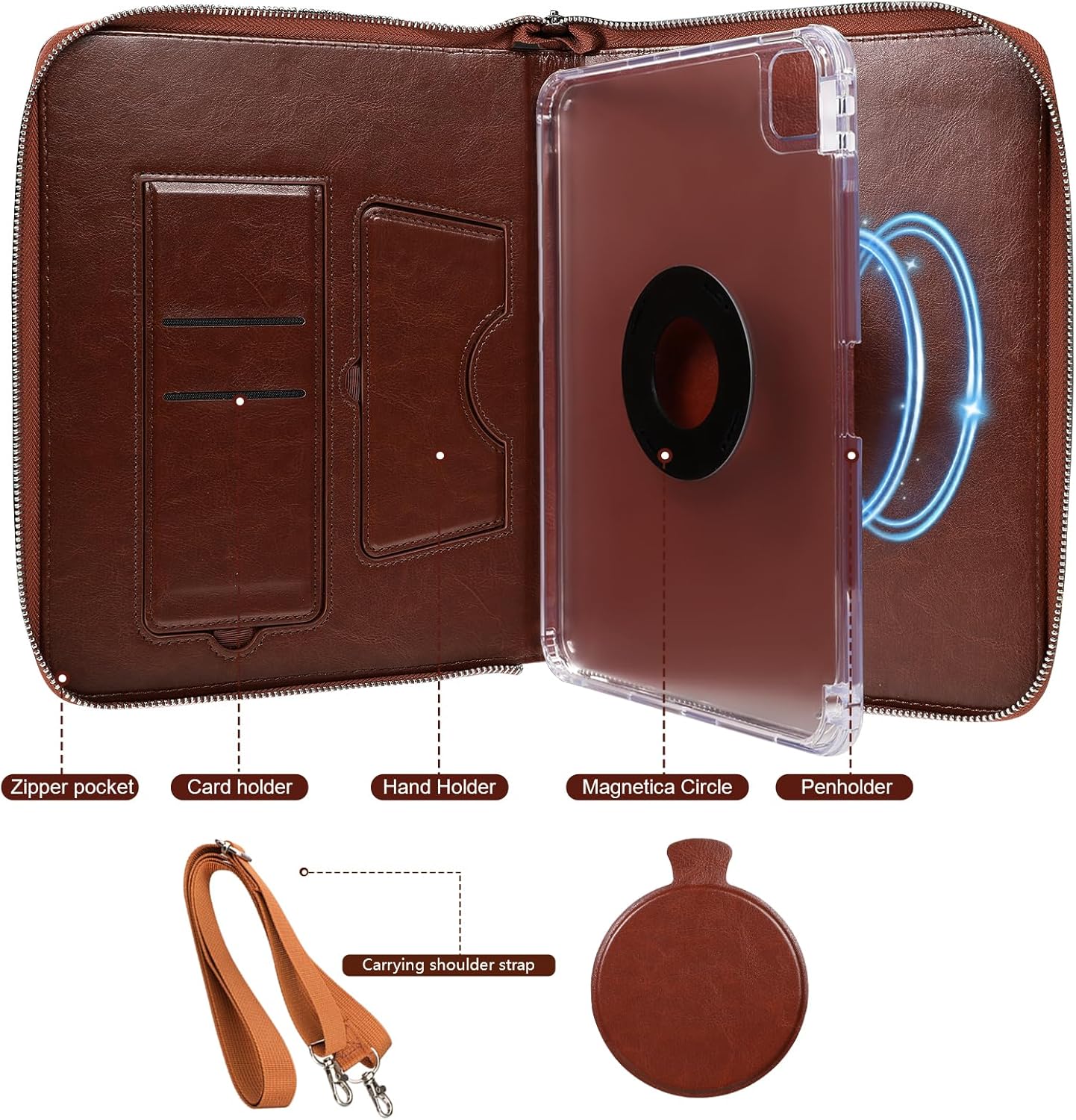 E NET-CASE Case for iPad (A16) 11th Generation 11 Inch 2025/iPad 10th Generation 10.9 Inch 2022, Briefcase-Style Stand Cover with Pen Holder/Hand Strap/Carrying Shoulder Strap (Brown)